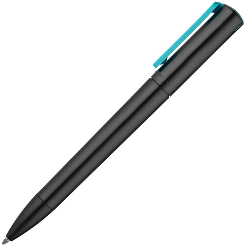 Купить Ручка шариковая Split Black Neon, черная с голубым с нанесением логотипа