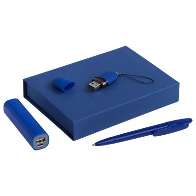Купить Набор Bond: аккумулятор, флешка и ручка, синий с нанесением логотипа