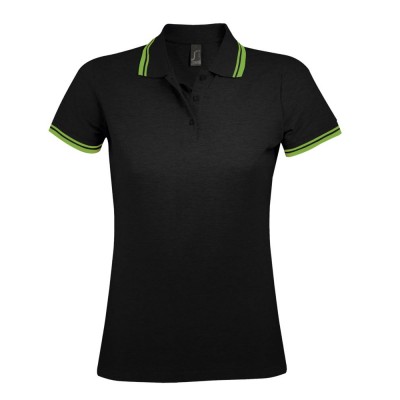 Купить Рубашка поло женская PASADENA WOMEN 200 с контрастной отделкой, черная с зеленым с нанесением