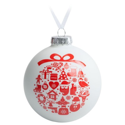 Купить Елочный шар «Новогодний коллаж», 10 см, белый с красным с нанесением логотипа