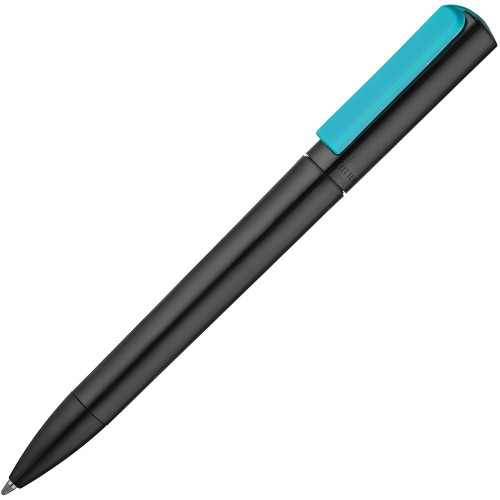 Купить Ручка шариковая Split Black Neon, черная с голубым с нанесением логотипа