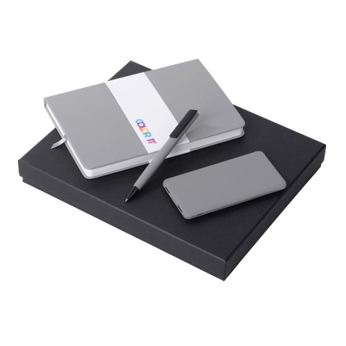 Купить Подарочный набор c блокнотом С1, ручкой и повербанком 5000 mAh,  серый с нанесением логотипа