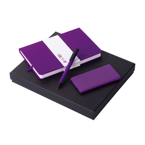 Купить Подарочный набор c блокнотом С1, ручкой и повербанком 5000 mAh, фиолетовый с нанесением логотипа