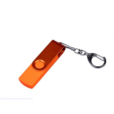 Купить USB-флешка на 64 ГБ 3 в 1 поворотный механизм, c двумя дополнительными разъемами MicroUSB и TypeC C с одноцветным металлическим клипом, оранжевый с нанесением