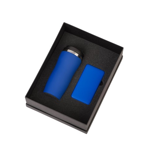 Купить Подарочный набор c вакуумной термокружкой и повербанком С2, синий с нанесением логотипа