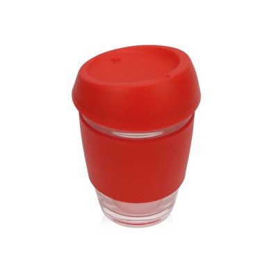 Купить Стеклянный стакан Monday с силиконовой крышкой и манжетой, 350мл, красный с нанесением