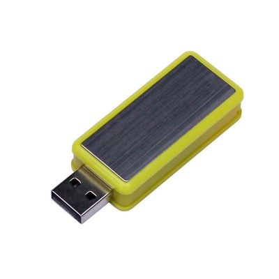 Купить USB-флешка промо на 64 ГБ прямоугольной формы, выдвижной механизм, желтый с нанесением
