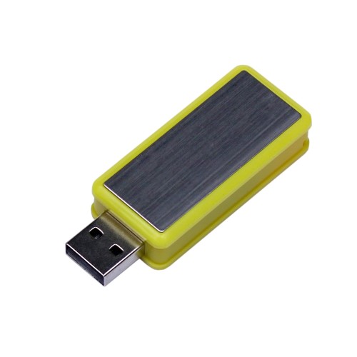 Купить USB-флешка промо на 64 ГБ прямоугольной формы, выдвижной механизм, желтый с нанесением логотипа
