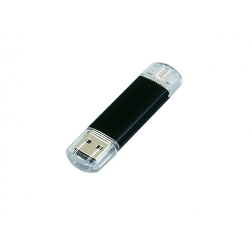 Купить USB-флешка на 16 Гб.c дополнительным разъемом Micro USB, черный с нанесением логотипа