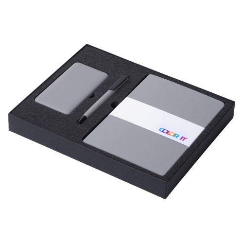 Купить Подарочный набор c блокнотом С2, ручкой и повербанком 5000 mAh, серый с нанесением логотипа