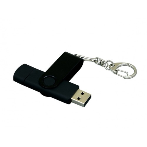 Купить Флешка с поворотным механизмом, c дополнительным разъемом Micro USB, 16 Гб, черный с нанесением логотипа