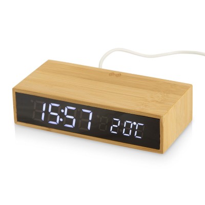 Купить Часы настольные с беспроводной зарядкой Index, 10 Вт, бамбук с нанесением логотипа