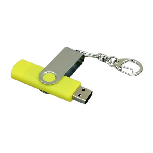 Купить Флешка с  поворотным механизмом, c дополнительным разъемом Micro USB, 64 Гб, желтый с нанесением логотипа