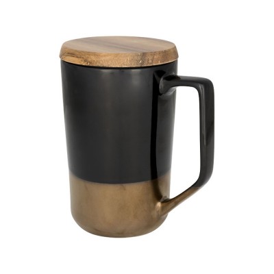 Купить Керамическая кружка Tahoe для чая и кофе с деревянной крышкой, черный с нанесением логотипа