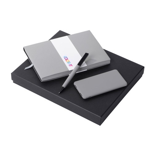 Купить Подарочный набор c блокнотом С2, ручкой и повербанком 5000 mAh, серый с нанесением логотипа