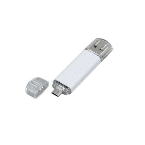 Купить USB-флешка на 64 ГБ.c дополнительным разъемом Micro USB, белый с нанесением логотипа