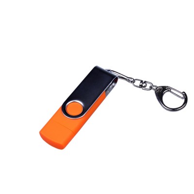 Купить USB-флешка на 16 Гб поворотный механизм, c двумя дополнительными разъемами MicroUSB и TypeC, оранжевый с нанесением