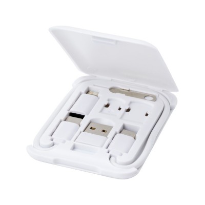 Купить Savvy модульный кабель для зарядки из переработанной пластмассы с держателем для мобильного телефона - Белый с нанесением логотипа