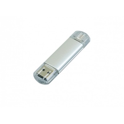 Купить USB-флешка на 64 ГБ.c дополнительным разъемом Micro USB, серебро с нанесением