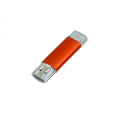 Купить USB-флешка на 64 ГБ.c дополнительным разъемом Micro USB, оранжевый с нанесением