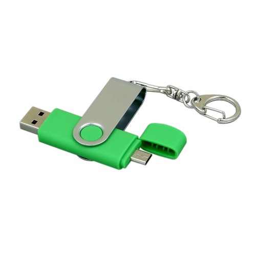 Купить Флешка с  поворотным механизмом, c дополнительным разъемом Micro USB, 64 Гб, зеленый с нанесением логотипа