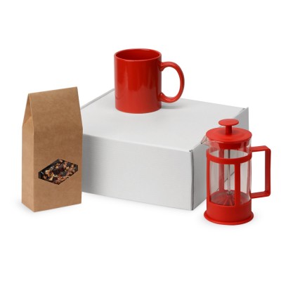 Купить Подарочный набор с чаем, кружкой и френч-прессом Чаепитие, красный с нанесением логотипа