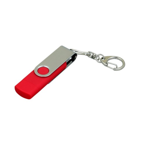 Купить Флешка с  поворотным механизмом, c дополнительным разъемом Micro USB, 64 Гб, красный с нанесением логотипа