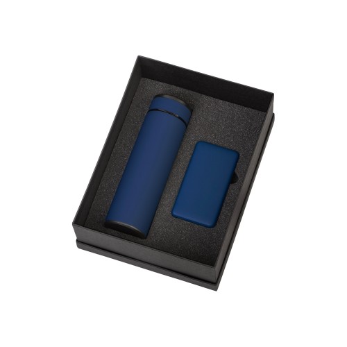 Купить Подарочный набор с термосом и повербанком С2, темно-синий с нанесением логотипа