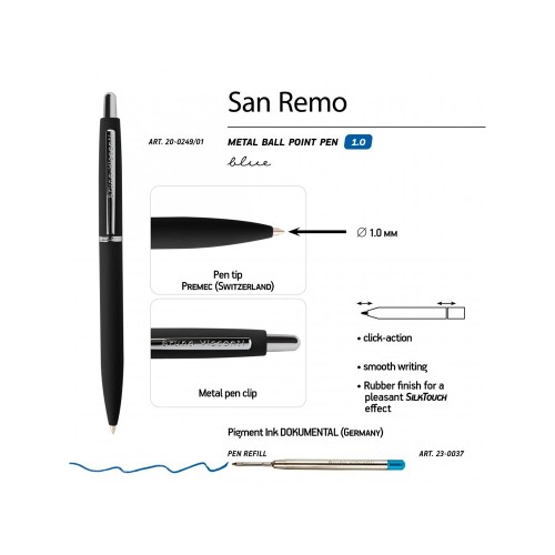 Купить Ручка SAN REMO шариковая  автоматическая, черный металлический корпус, 1.00 мм, синяя с нанесением логотипа