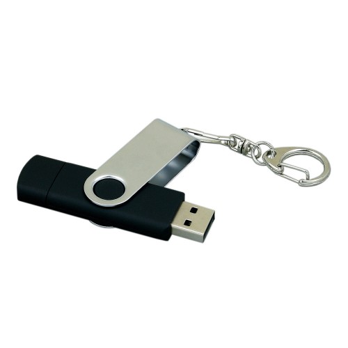 Купить Флешка с  поворотным механизмом, c дополнительным разъемом Micro USB, 64 Гб, черный с нанесением логотипа
