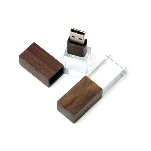 Купить USB-флешка на 64 ГБ прямоугольной формы, под гравировку 3D логотипа, материал стекло, с деревянным колпачком красного цвета, красный с нанесением логотипа