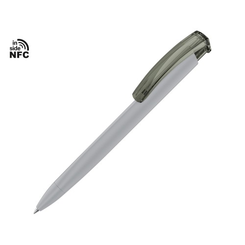 Купить Ручка пластиковая шариковая трехгранная Trinity K transparent Gum soft-touch с чипом передачи инфо, серый с нанесением логотипа