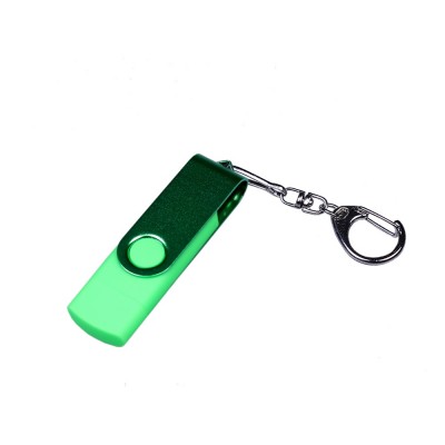 Купить USB-флешка на 16 Гб 3 в 1 поворотный механизм, c двумя дополнительными разъемами MicroUSB и TypeC C с одноцветным металлическим клипом, зеленый с нанесением
