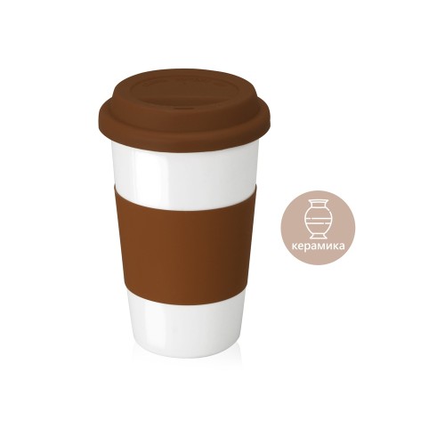 Купить Кружка с силиконовой крышкой и манжетой Нью-Йорк 300мл, коричневый с нанесением логотипа
