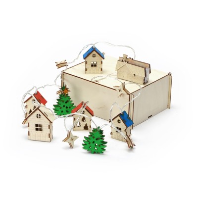Купить Елочная гирлянда с лампочками Новогодняя цветная + деревянная коробка с наполнителем-стружкой Ларь с нанесением логотипа