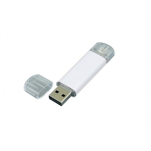 Купить USB-флешка на 64 ГБ.c дополнительным разъемом Micro USB, белый с нанесением логотипа