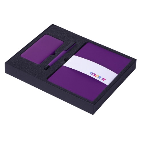 Купить Подарочный набор c блокнотом С2, ручкой и повербанком 5000 mAh, фиолетовый с нанесением логотипа