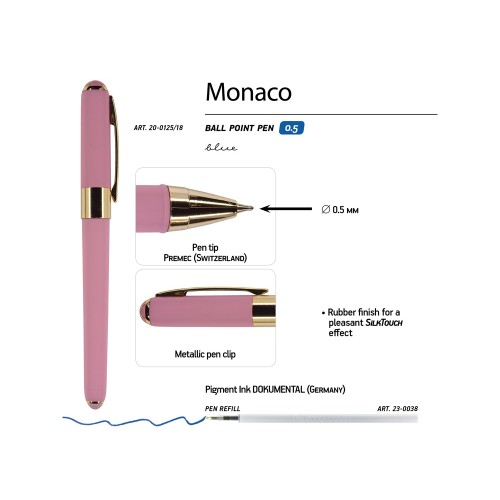 Купить Ручка пластиковая шариковая Monaco, 0,5мм, синие чернила, розовый с нанесением логотипа
