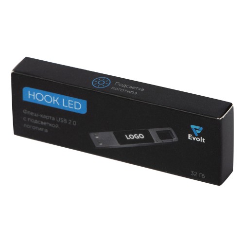Купить USB 2.0- флешка на 32 Гб c подсветкой логотипа Hook LED, темно-серый, белая подсветка с нанесением логотипа