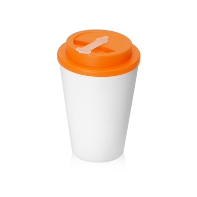 Купить Пластиковый стакан Take away с двойными стенками и крышкой с силиконовым клапаном, 350 мл, белый/оранжевый с нанесением