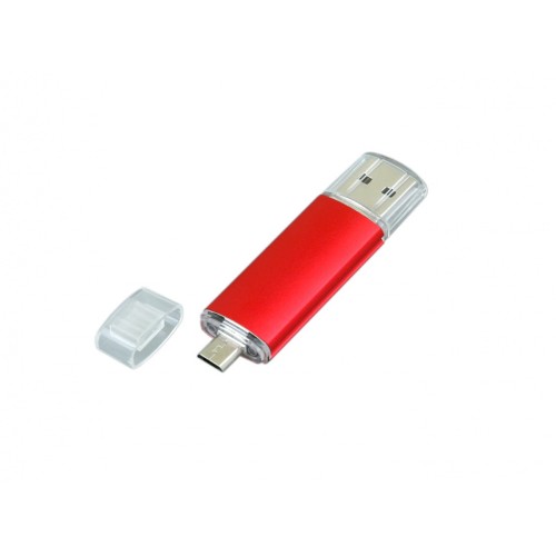Купить USB-флешка на 64 ГБ.c дополнительным разъемом Micro USB, красный с нанесением логотипа