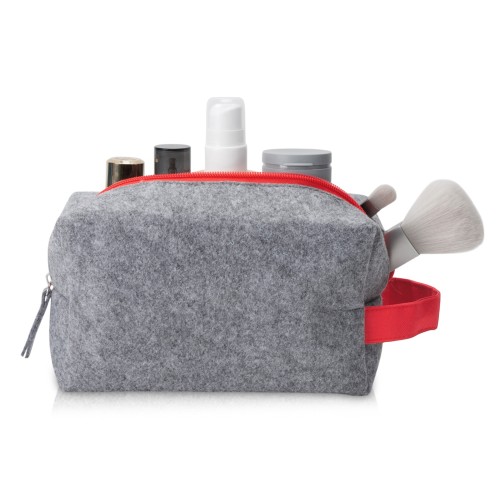 Купить Косметичка из РПЕТ фетра с ручкой Felt, серый с красным с нанесением логотипа