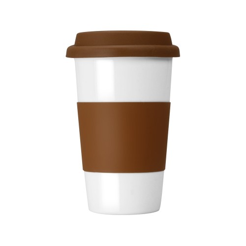Купить Кружка с силиконовой крышкой и манжетой Нью-Йорк 300мл, коричневый с нанесением логотипа