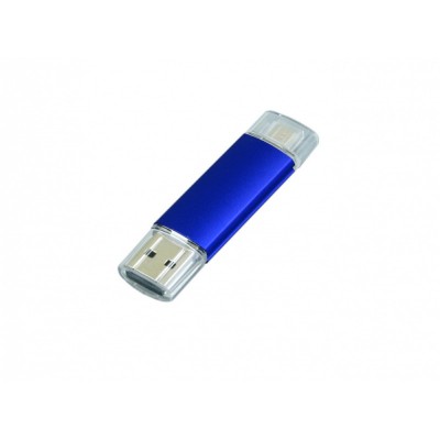 Купить USB-флешка на 64 ГБ.c дополнительным разъемом Micro USB, синий с нанесением