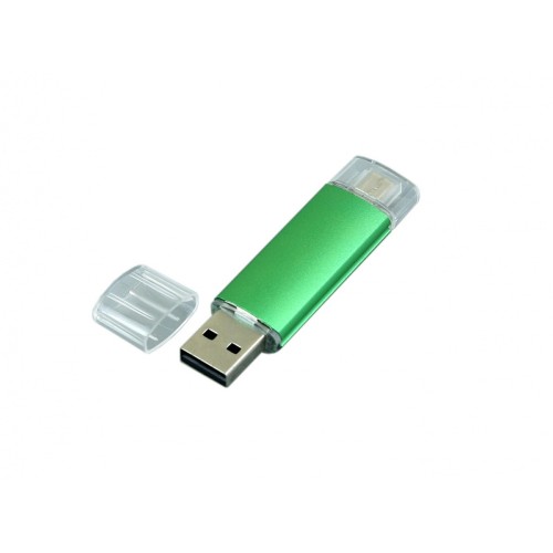 Купить USB-флешка на 16 Гб.c дополнительным разъемом Micro USB, зеленый с нанесением логотипа