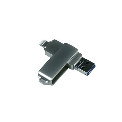 Купить USB-флешка на 128 Гб, интерфейс USB3.0, поворотный механизм,c дополнительными разъемами для I-phone Lightning и Micro USB,  полностью металлический корпус, серебро с нанесением логотипа