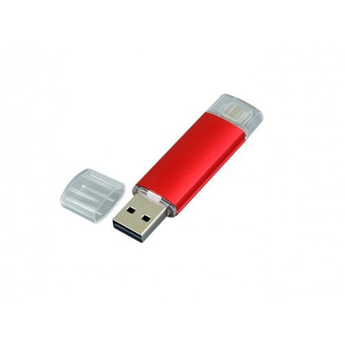 Купить USB-флешка на 64 ГБ.c дополнительным разъемом Micro USB, красный с нанесением логотипа