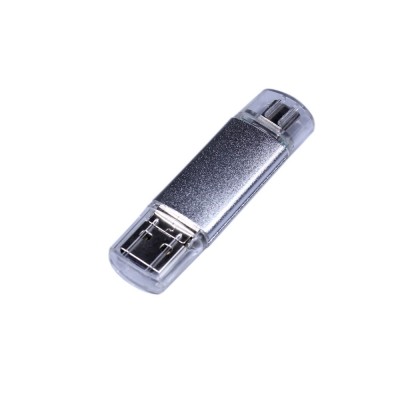 Купить USB-флешка на 32 Гб c двумя дополнительными разъемами MicroUSB и TypeC, серебро с нанесением