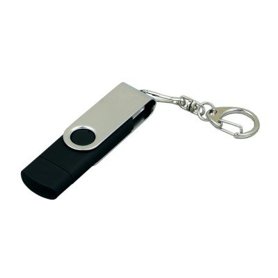 Купить Флешка с  поворотным механизмом, c дополнительным разъемом Micro USB, 32 Гб, черный с нанесением логотипа