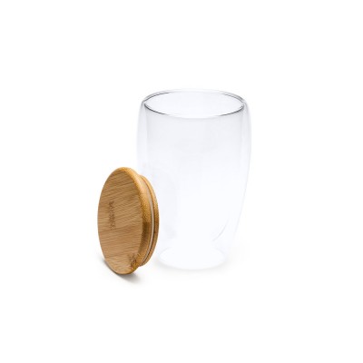 Купить Двустенный стакан VERTUS из боросиликатного стекла с бамбуковой крышкой, 350 мл с нанесением логотипа